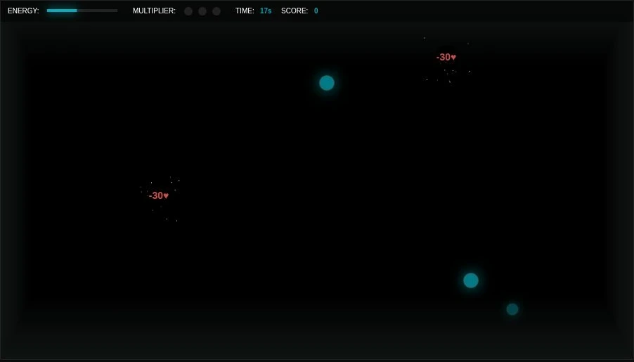 Игровое поле Coil: голубые сферы, запас энергии и счёт текущей попытки.
