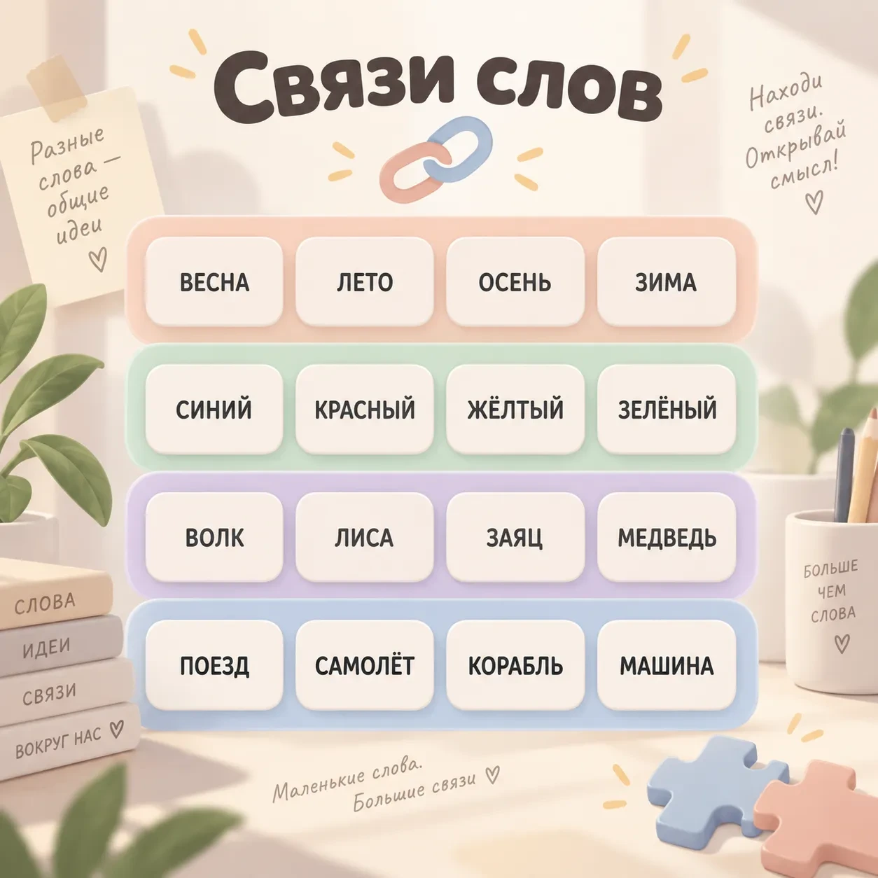 Соберите 16 слов в четыре группы по общей теме.